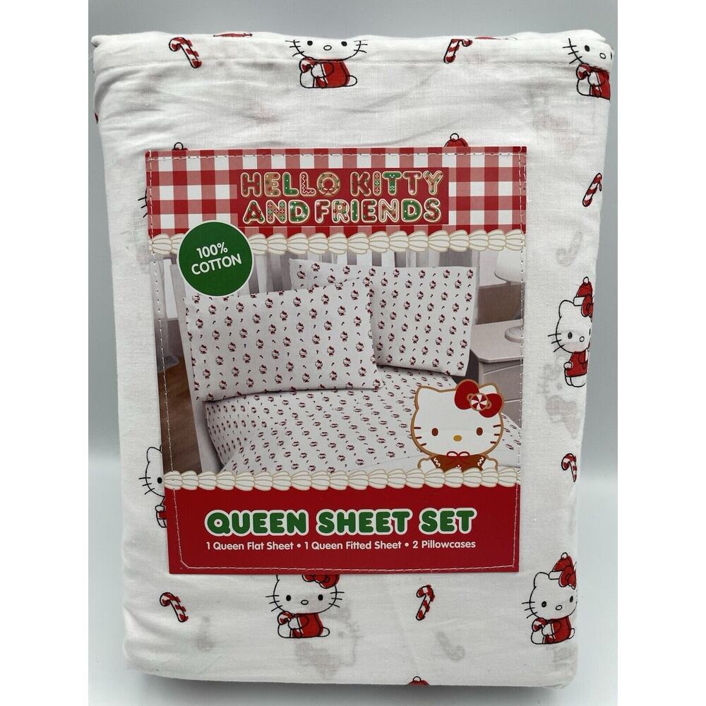 Hello Kitty White Christmas Pattern Queen Size Sheet Set With Pillow Cases - NEW
